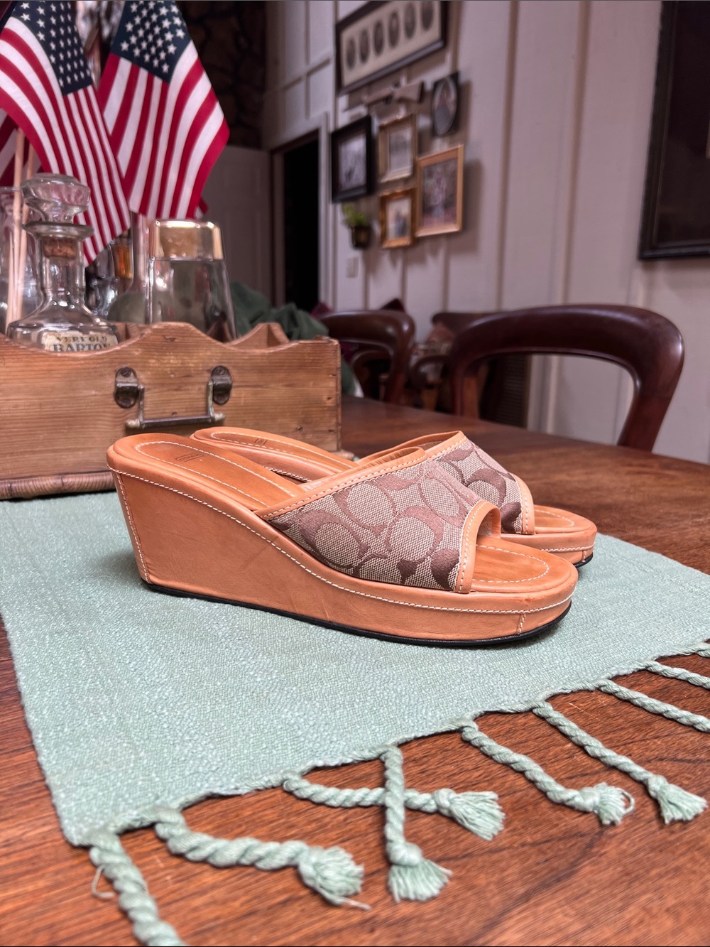 Vintage Coach Signature Monogram Wedge Sandals